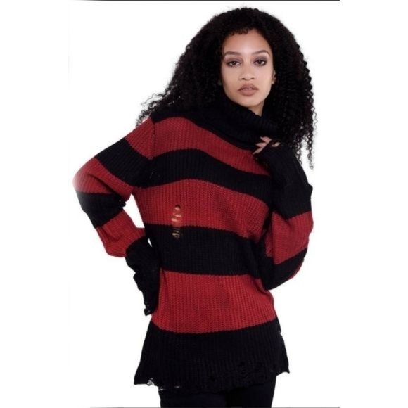 Killstar Seven Knit Sweater | Blood Red Distressed Raw Hem Extra Long Striped - Picture 8 of 8